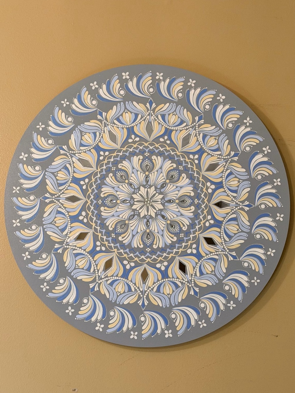 Hand Painted Mandala Wall Art 18” Boho Decor with Mirror Accents.